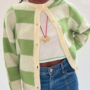 Lisa Says Gah Lauda Cardigan in Ivory/Leaf Check, XS/S